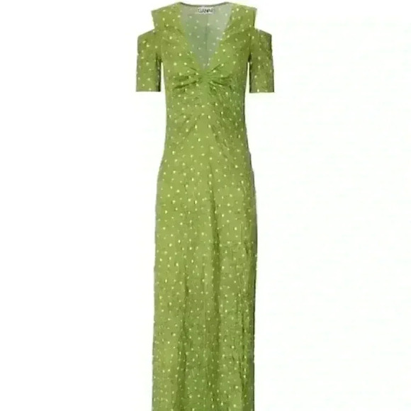 New Ganni Lime Green Long Polka Dot Maxi Dress Woman 38 (US Size M/6-8) - Picture 3 of 11